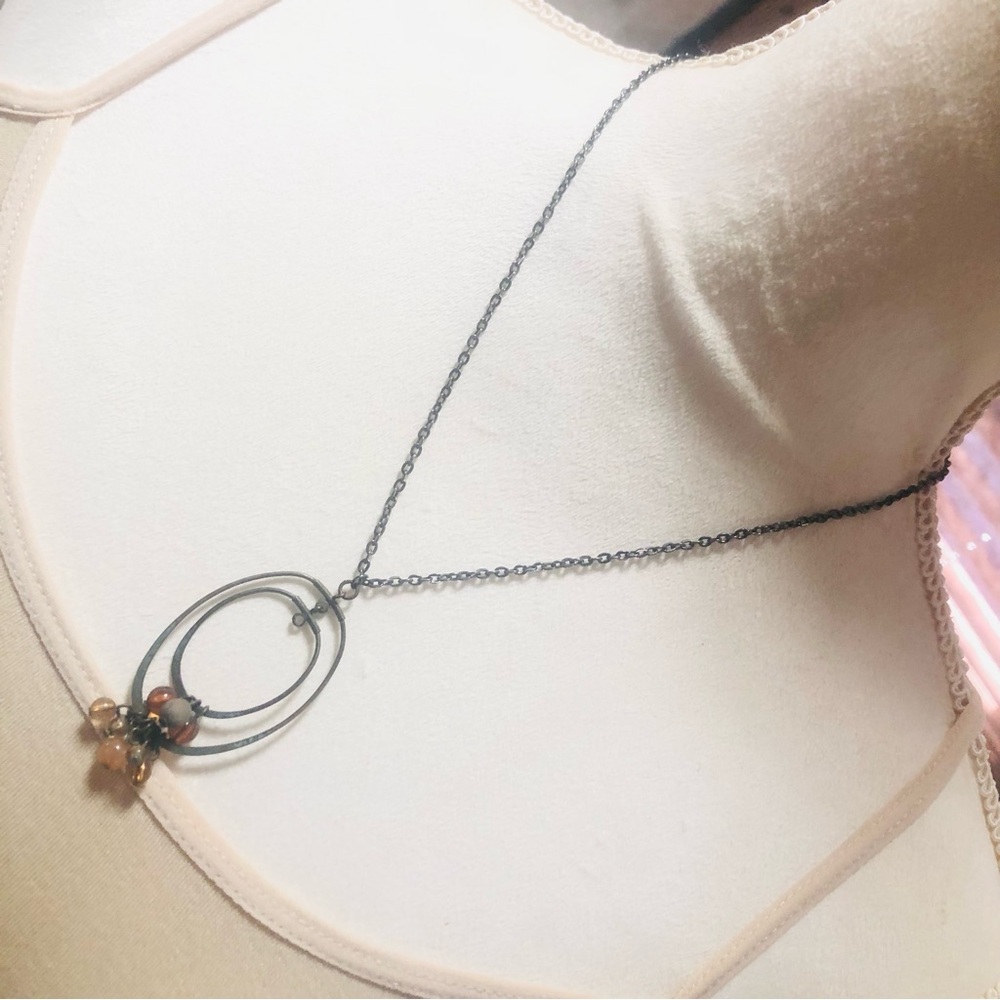 Fall tone acorn beaded dual ring pendant on chain necklace